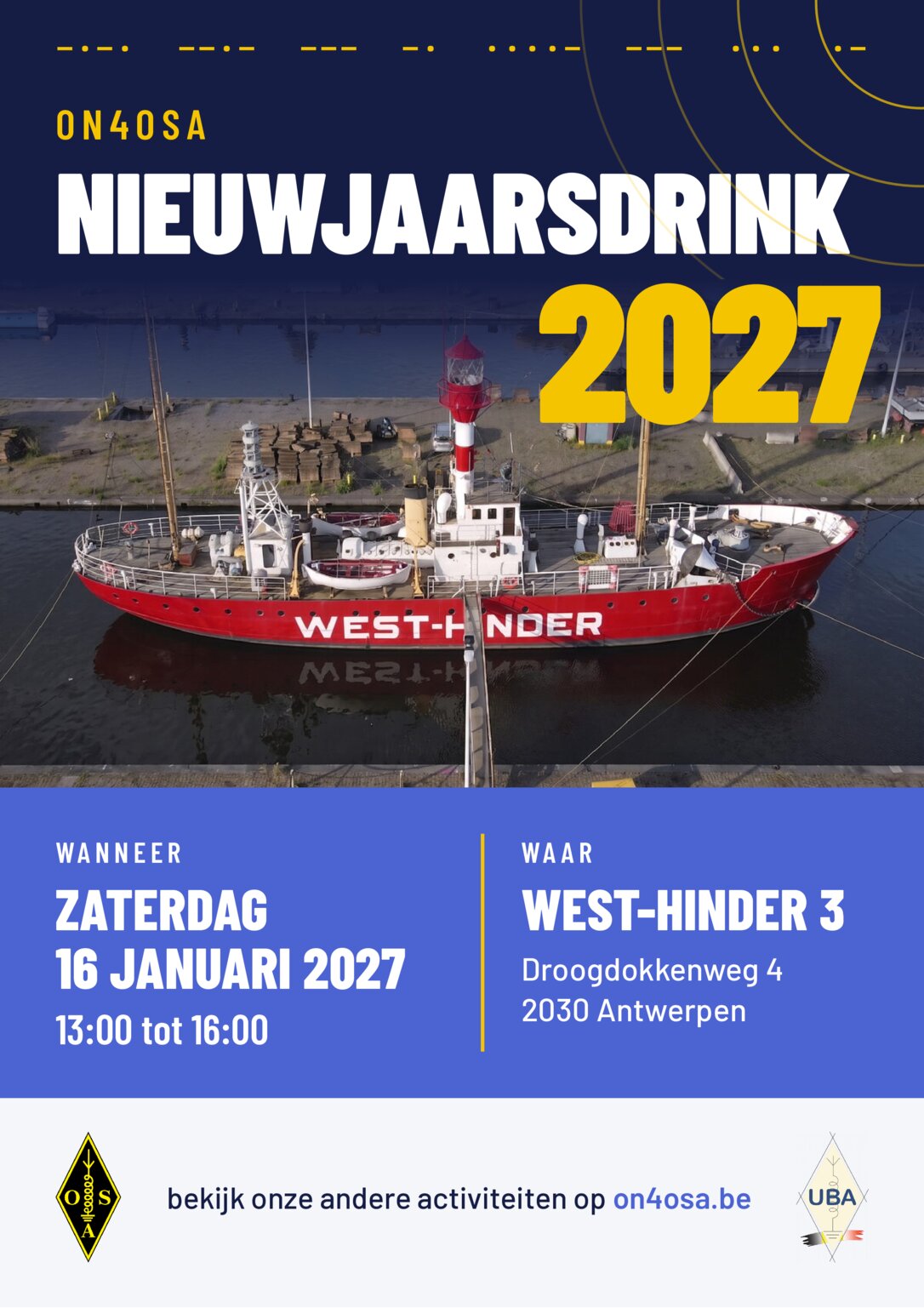 Poster for the 2027 New Year's reception on the West-Hinder 3, Saturday, January 16, 2027, 13:00–16:00