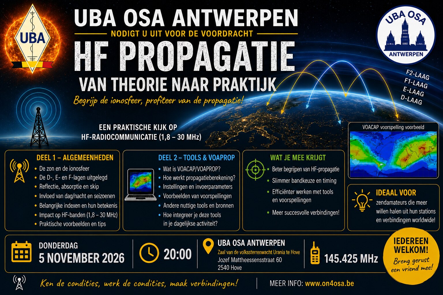 Affiche voordracht HF-propagatie door ON4ALY op 5 november 2026